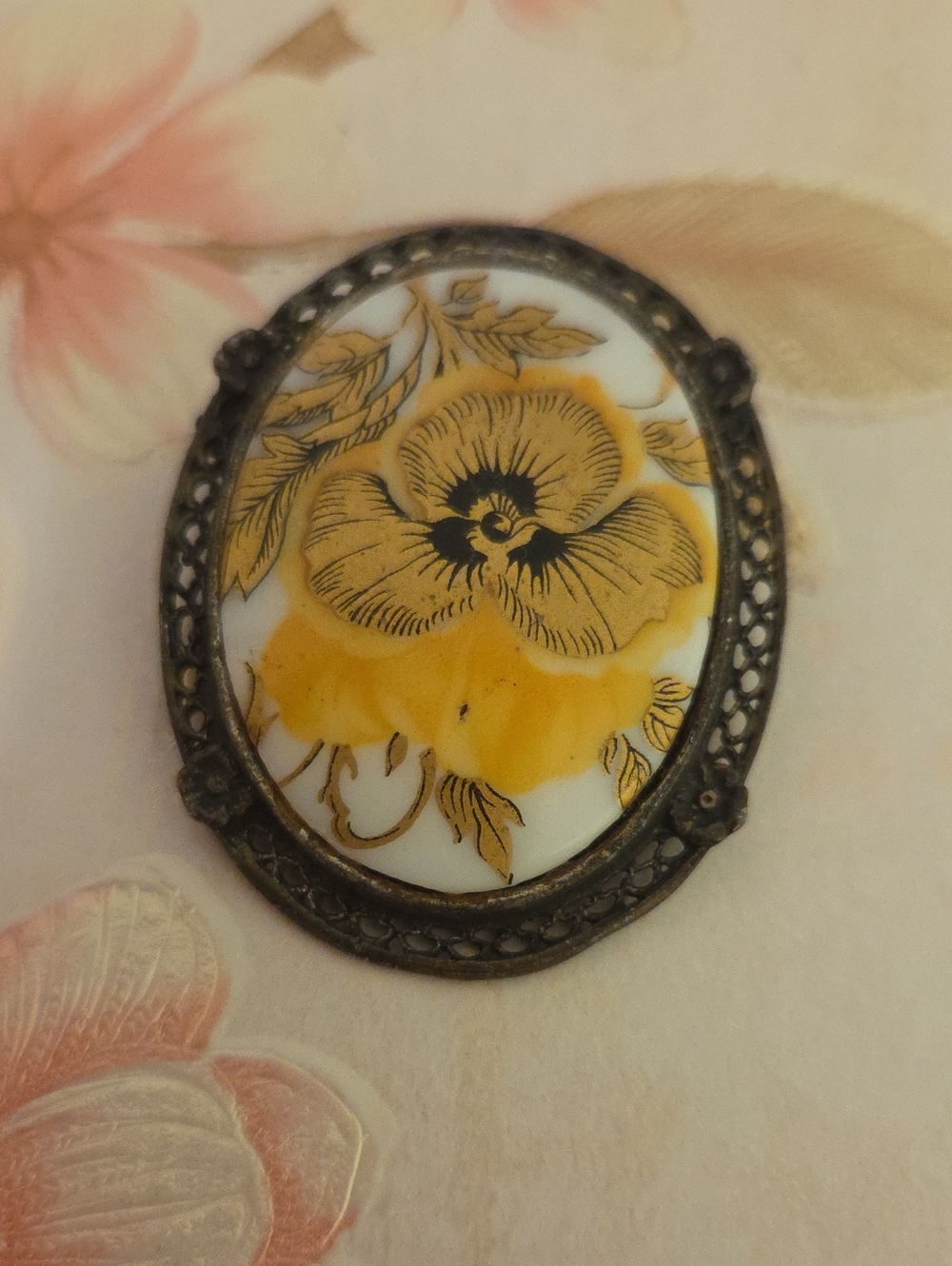 Vintage Porcelain Handpainted Yellow Pansy Brooch